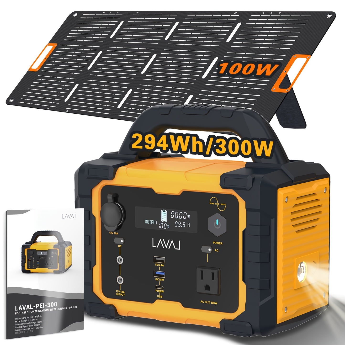 Centrale elettrica portatile con pannello solare, generatore solare da 293 Wh-1075 Wh con uscita USB-C PD da 60 W, uscita CA a onda sinusoidale pura da 110 V, torcia elettrica, batteria LiFePO4