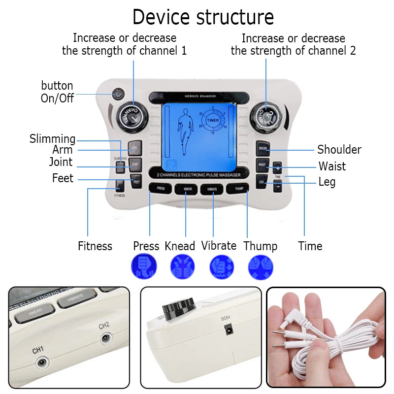 Electronic Pulse Massager Tens Ems Macchina per il massaggio del muscolo elettrico del nervo stimolatore Agopuntura Fat Burner Sollievo dal dolore