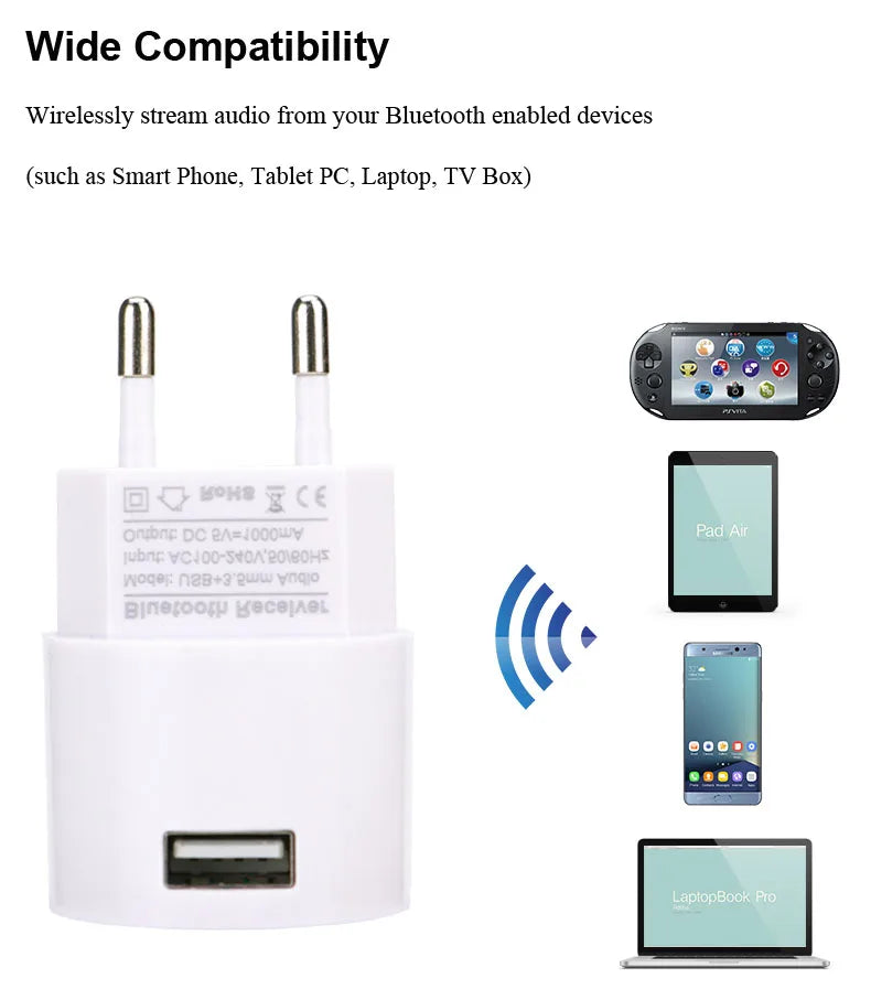 AC 110V 220V Adattatore audio Caricatore da parete USB Adattatore per ricevitore wireless Bluetooth 3.5MM AUX V5.0 Ricevitore audio EU US Plug