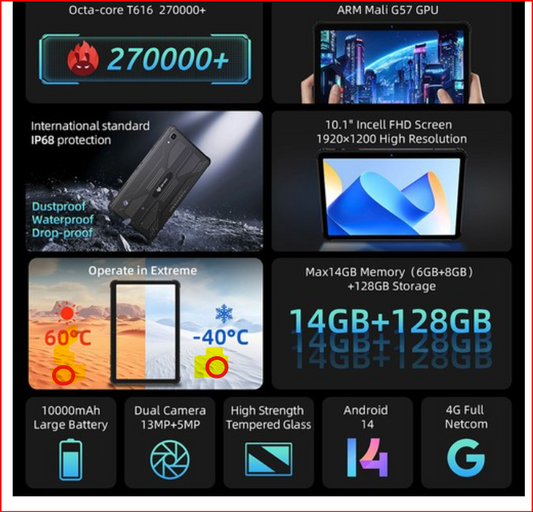 BMAX I10 S Pro Rugged Tablet, 10.1 inch 1920*1200 IPS Touchscreen, UNISOC T616 8 Core Max 2.0GHz, 14GB RAM (6GB+8GB Expansion) 128GB ROM,