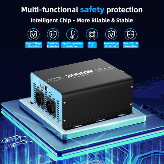 Convertitore voltmetro per auto LCD con presa UE da 2000 W, potenza continua, onda sinusoidale pura, potenza di picco, 4000 W CC 12 V a CA 230 V 50 Hz