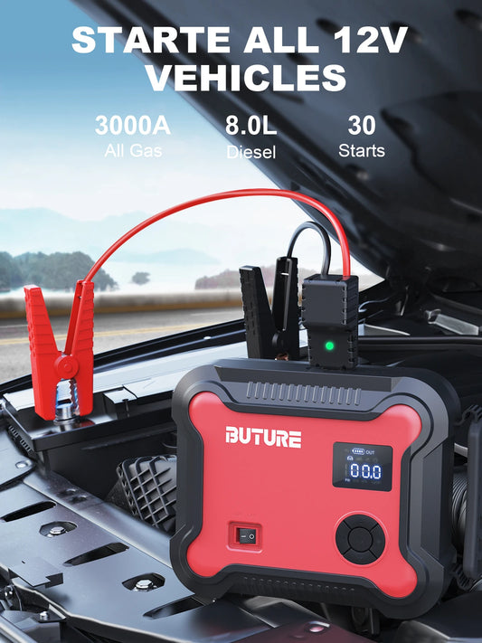 Compressore d'aria Buture 5 in 1 per auto con avviamento di emergenza, power bank da 26800 mAh, batteria portatile, gonfiatore digitale per pneumatici con uscita CC da 160 W