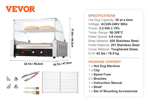 VEVOR Hot Dog Roller 5Rollers 12 Hot Dogs Capacity 750W Stainless Sausage Grill Cooker Machine with Dual Temp Control Glass Hood