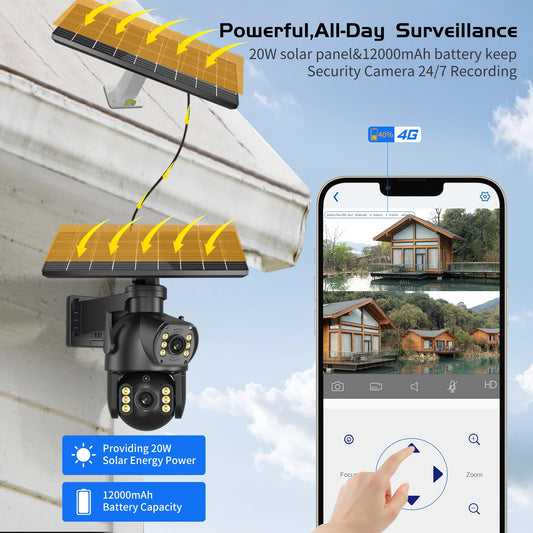 CON PANNELLO SOLARE-8MP 4K PTZ Fotocamera solare all'aperto 4G Scheda SIM Doppia lente Fotocamera a doppio schermo PIR Rilevamento del corpo umano Built-in sicurezza della durata della batteria