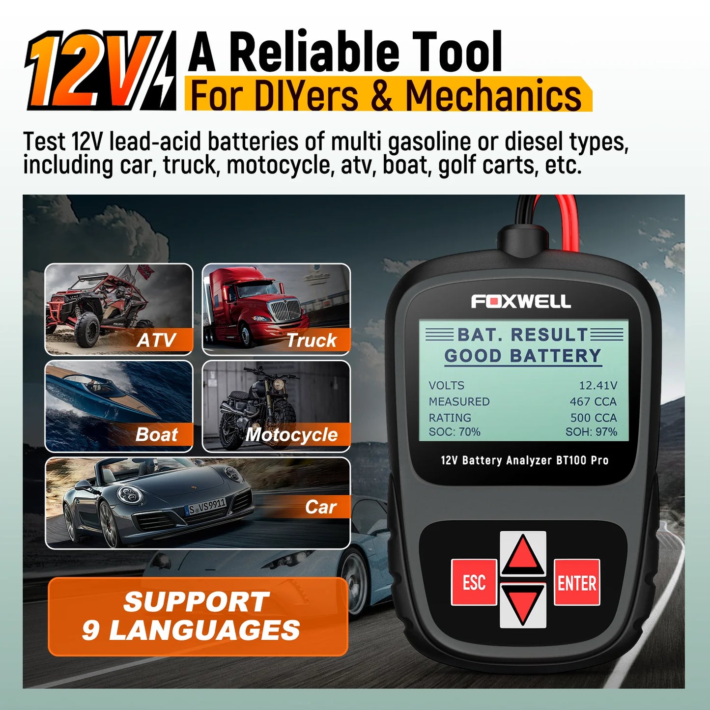 -TESTER PER VERIFICARE LO STATO DELLA BATTERIA AUTO-FOXWELL BT100 PRO 12V 100-1100 CCA Strumento diagnostico per il controllo della batteria