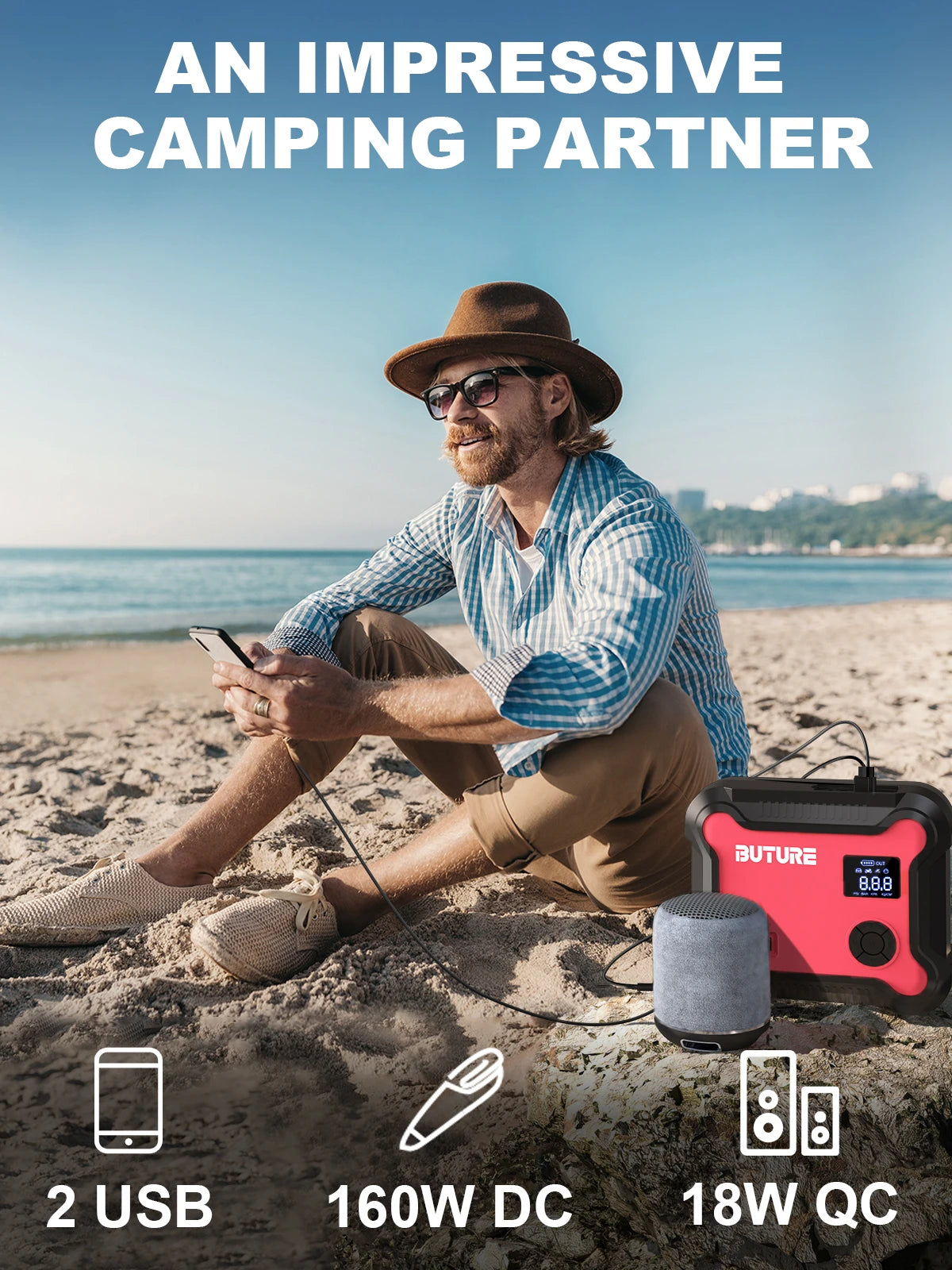 Compressore d'aria Buture 5 in 1 per auto con avviamento di emergenza, power bank da 26800 mAh, batteria portatile, gonfiatore digitale per pneumatici con uscita CC da 160 W