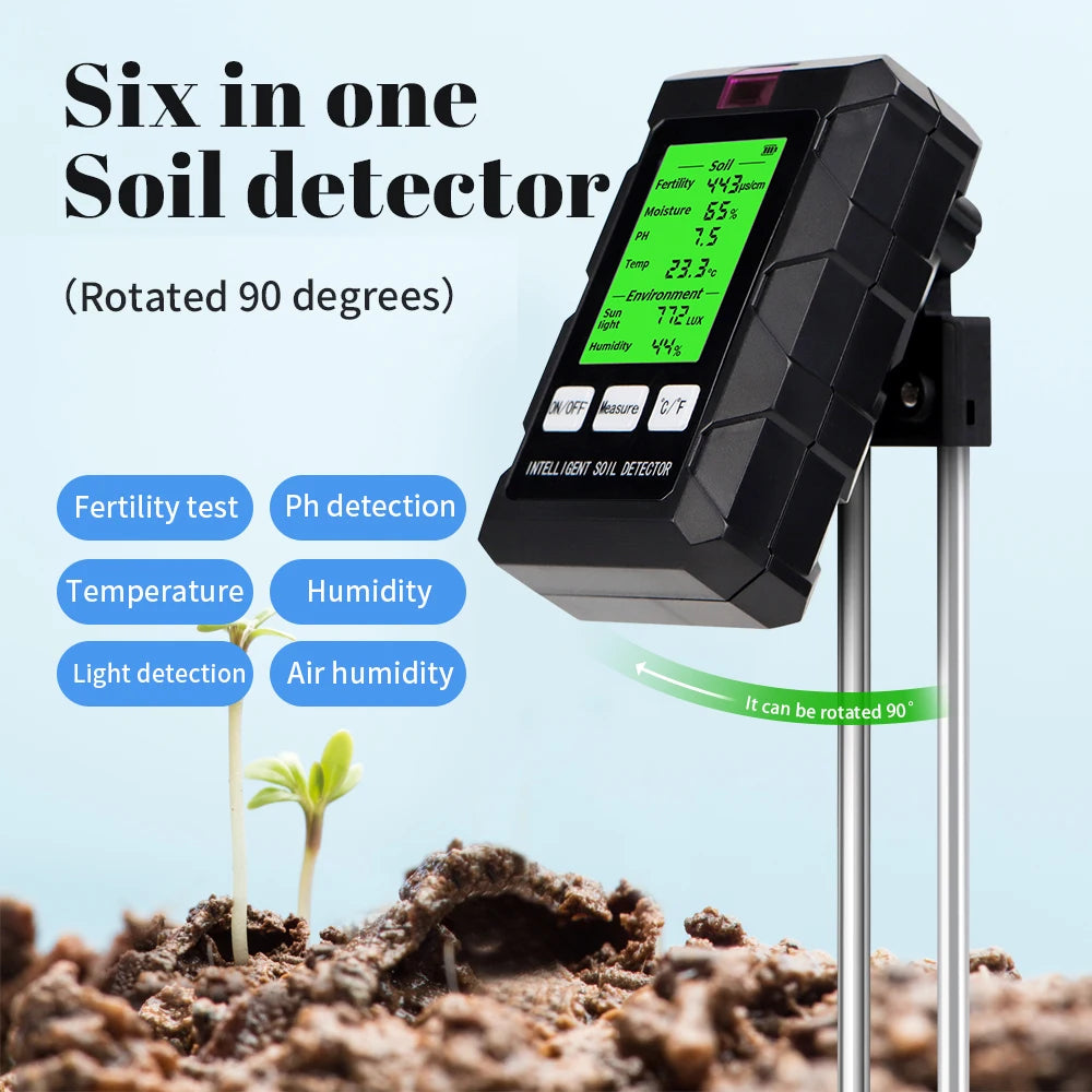 6 in 1 Soil Detector Soil Tester pH Temperature Humidity Sunlight Air Moisture Nutrient Fertility Meter Gardening Tool