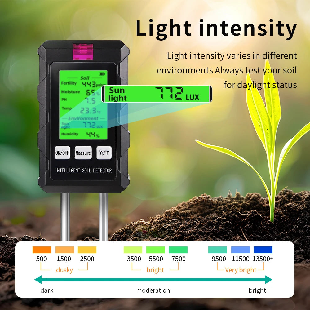 6 in 1 Soil Detector Soil Tester pH Temperature Humidity Sunlight Air Moisture Nutrient Fertility Meter Gardening Tool
