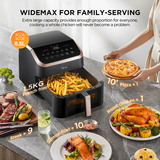 Midea XXL Air Fryer 9 L, 8-in-1, camere extra larghe, max 200 °C, friggitrice senza olio, grigliare, cuocere al forno, arrostire, MAD85F9BPK