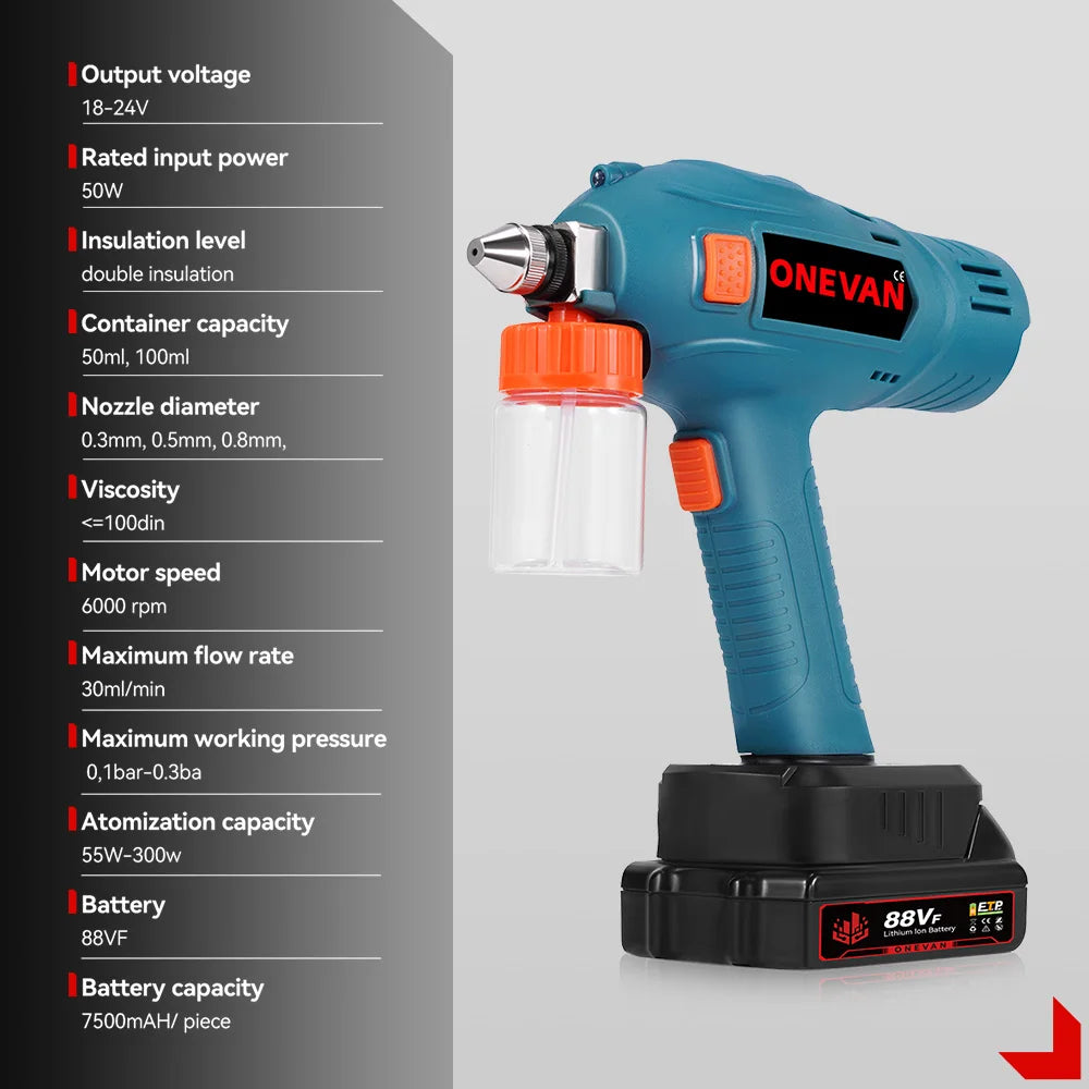ONEVAN 100ML Pistola a spruzzo elettrica senza fili spruzzatore di vernice ricaricabile auto mobili in acciaio utensili elettrici per 21 v 18 v batteria