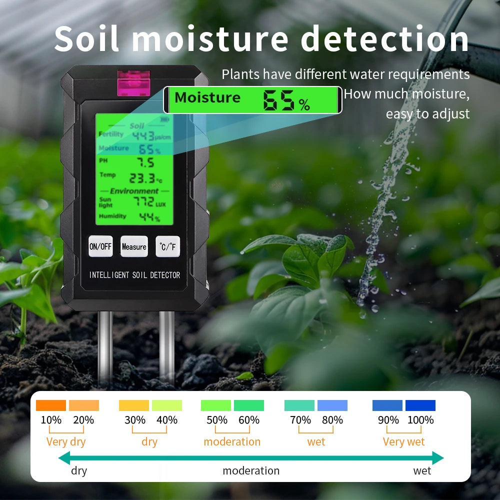 6 in 1 Soil Detector Soil Tester pH Temperature Humidity Sunlight Air Moisture Nutrient Fertility Meter Gardening Tool