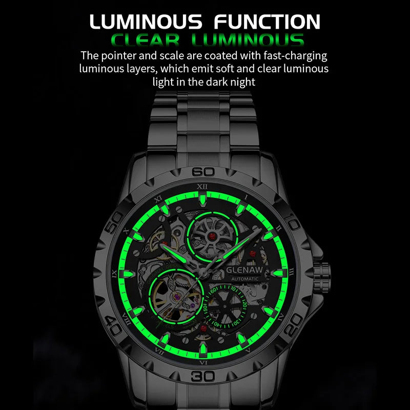 GLENAW Steampunk Skeleton Men’s Watch Ring di lusso automatico meccanico Luminous impermeabile in acciaio inossidabile cinturino orologio