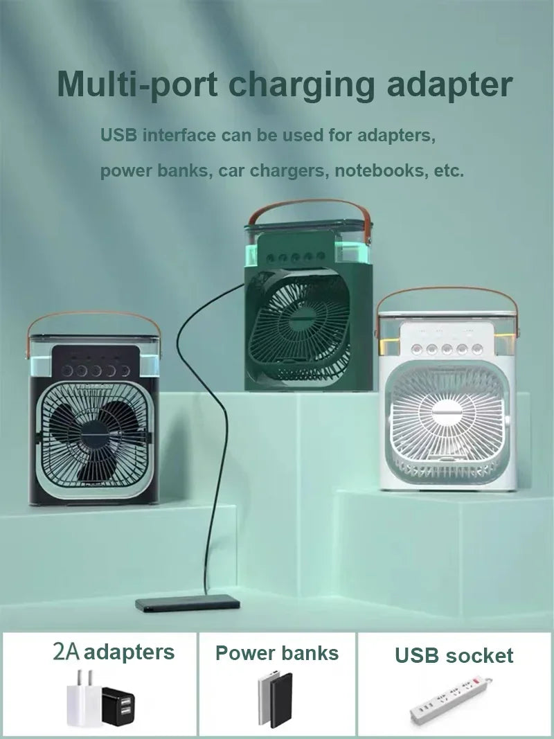 NUOVO Umidificatore portatile Ventilatore Condizionatori d'aria USB Ventilatore elettrico LED notte luce acqua nebbia divertimento 3 in 1 Umidificatore del dispositivo di raffreddamento dell'aria