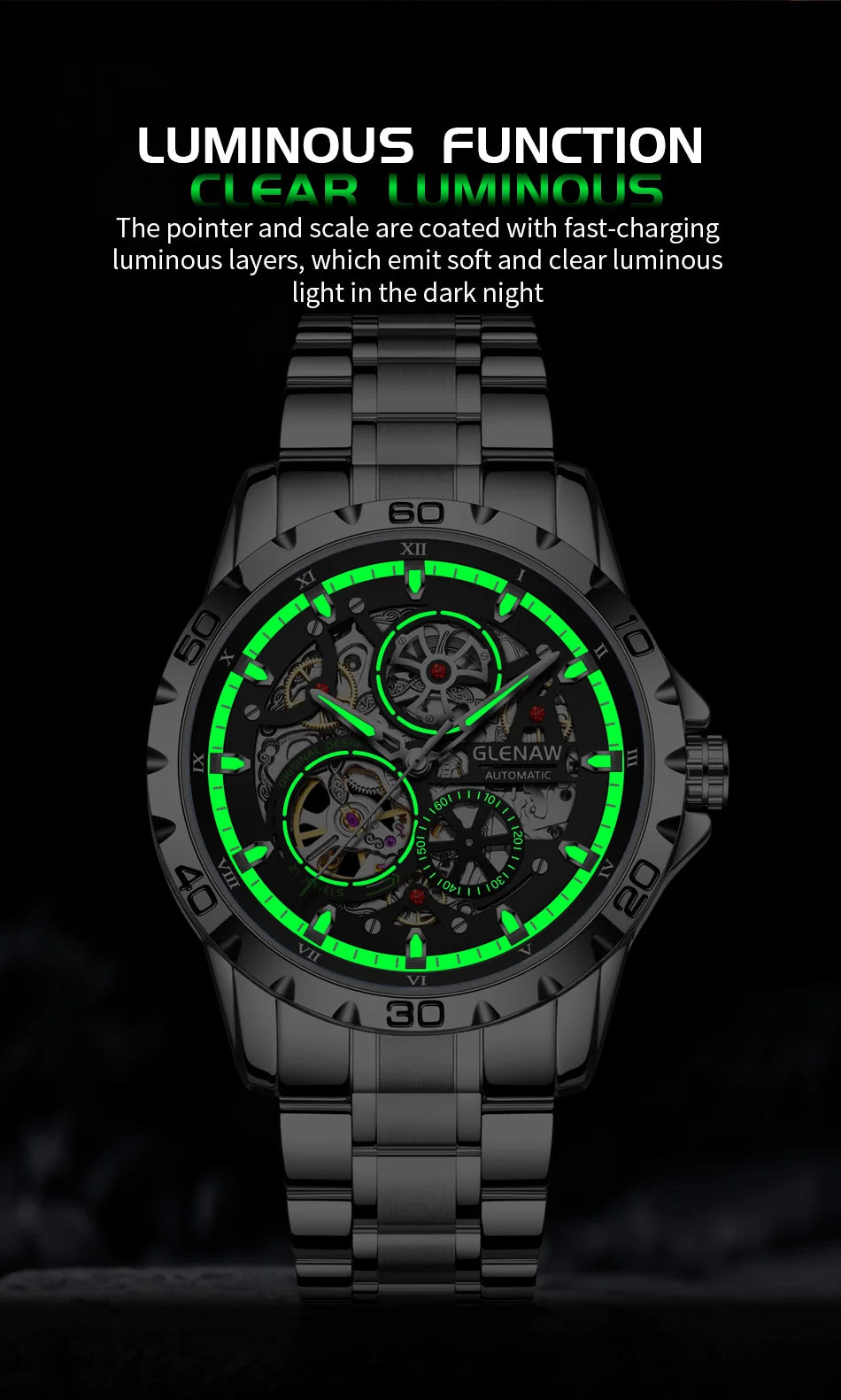 GLENAW Steampunk Skeleton Men’s Watch Ring di lusso automatico meccanico Luminous impermeabile in acciaio inossidabile cinturino orologio
