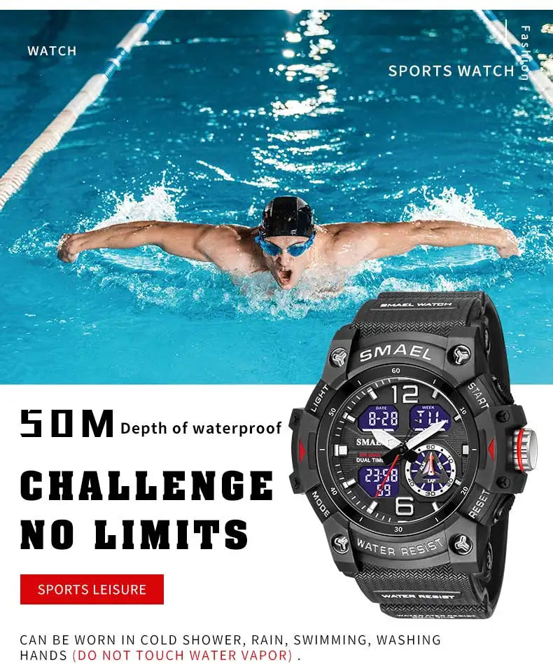 SMAEL Sport Watch Orologio da polso militare per gli uomini Allarme cronometro LED digitale luce posteriore Dual Time Display impermeabile Watch Men 8007