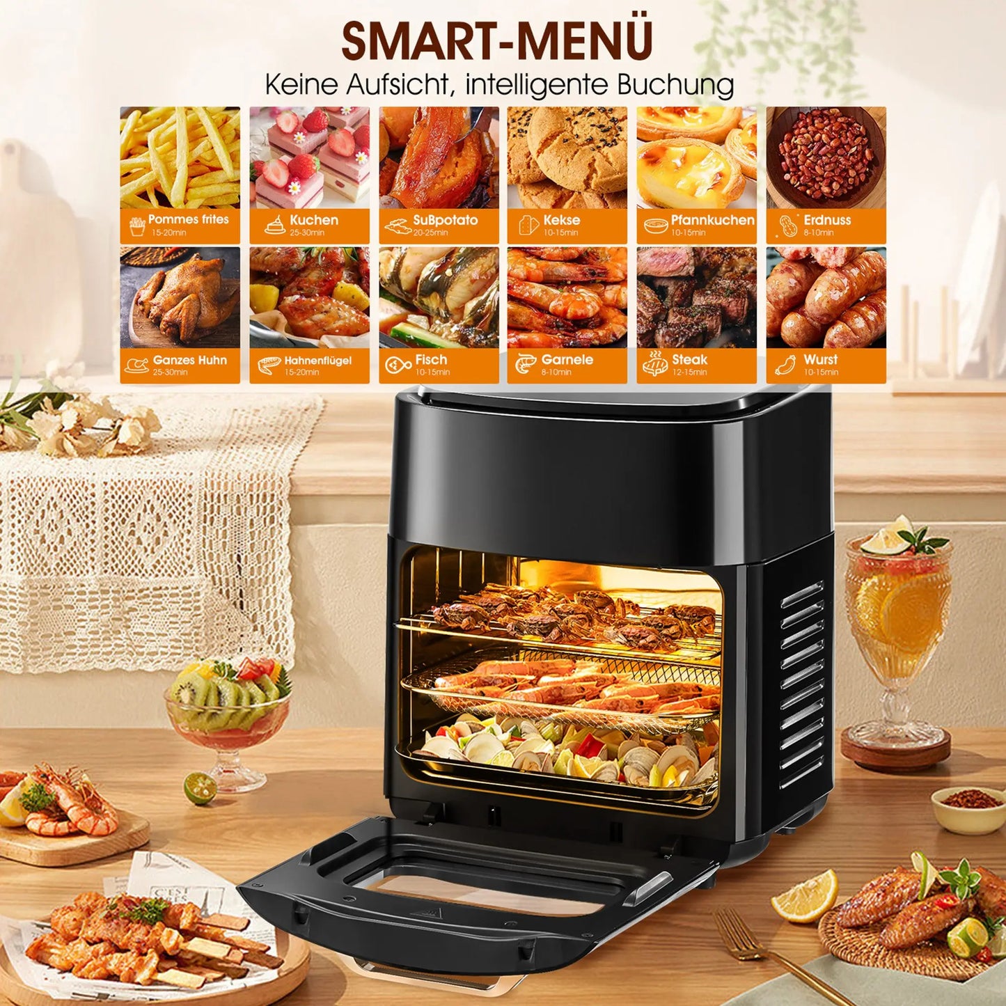 Grande friggitrice ad aria elettrica da 15L, senza olio da 220 V, con 6 modalità di cottura, forno a convezione intelligente da 1800 W per la casa, schermo touch a LED