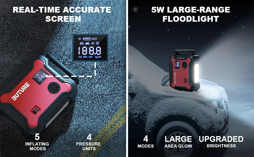 Compressore d'aria Buture 5 in 1 per auto con avviamento di emergenza, power bank da 26800 mAh, batteria portatile, gonfiatore digitale per pneumatici con uscita CC da 160 W