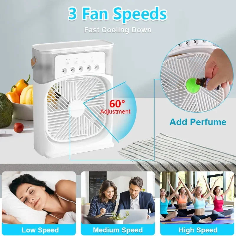 NUOVO Umidificatore portatile Ventilatore Condizionatori d'aria USB Ventilatore elettrico LED notte luce acqua nebbia divertimento 3 in 1 Umidificatore del dispositivo di raffreddamento dell'aria