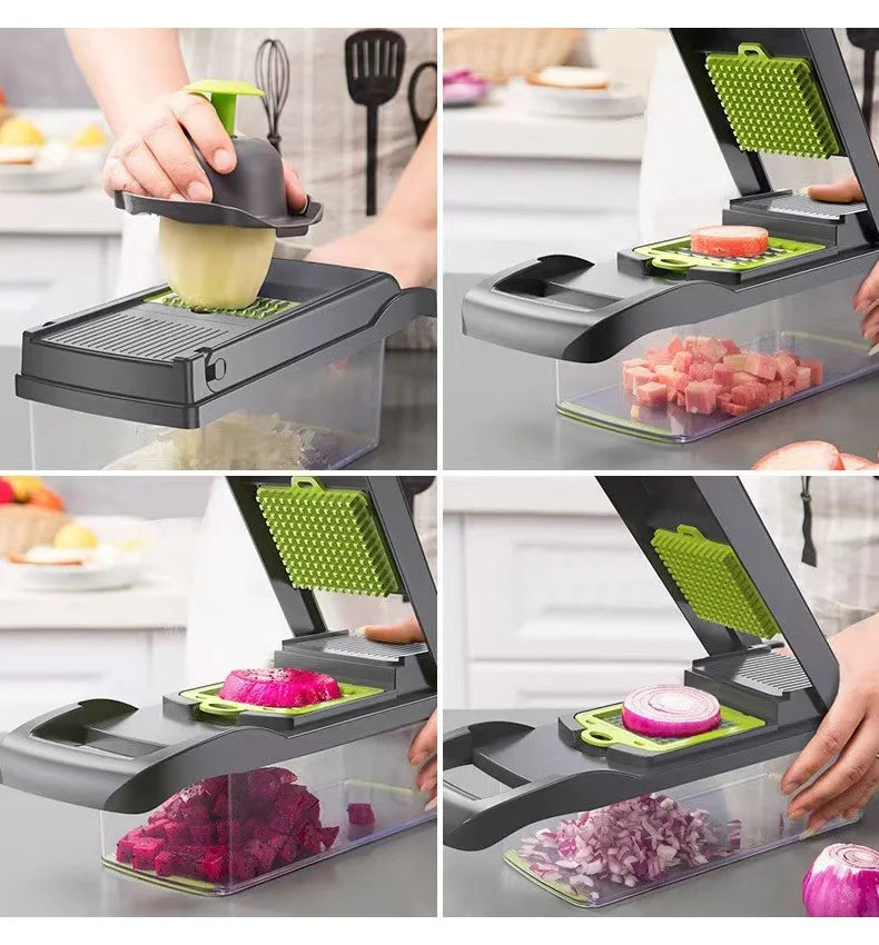 Tritaverdure multifunzionale 14 in 1, tritacipolle, manico, griglia per alimenti, tritatutto, affettaverdure da cucina, taglio a cubetti