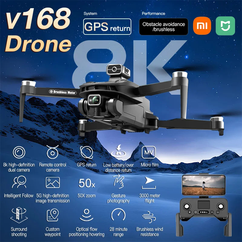 Per XIAOMI Original V168 GPS Drone Professional 8K HD Fotografia Aerea Doppia Fotocamera Omnidirezionale Evitamento Ostacoli Dron giocattolo