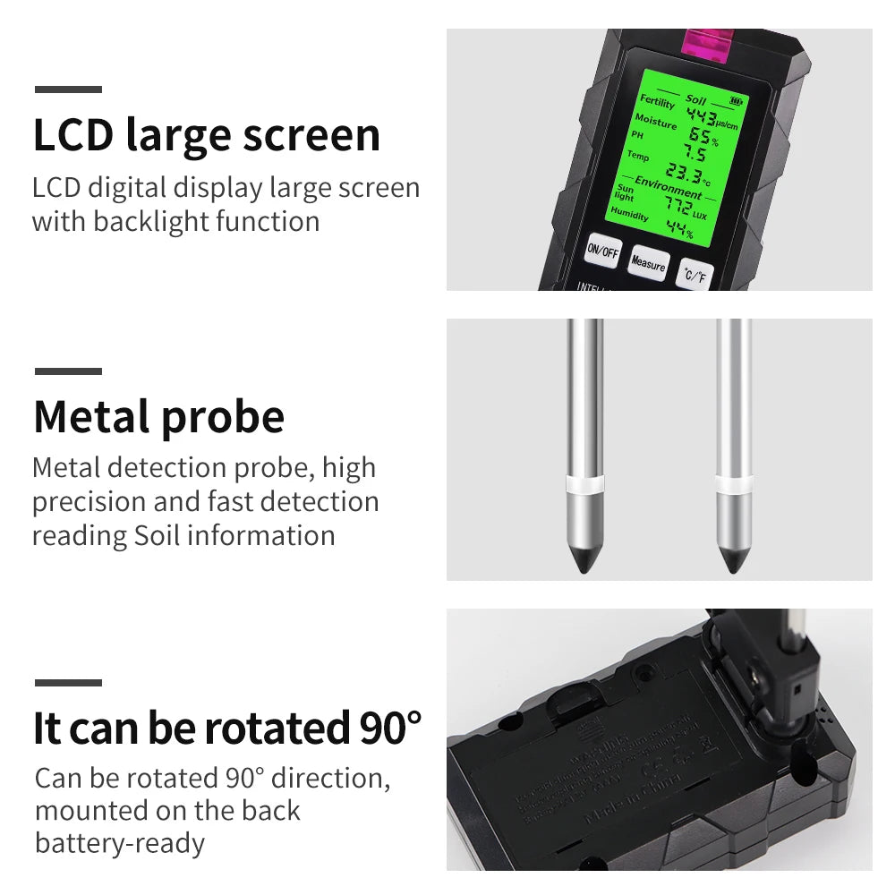 6 in 1 Soil Detector Soil Tester pH Temperature Humidity Sunlight Air Moisture Nutrient Fertility Meter Gardening Tool