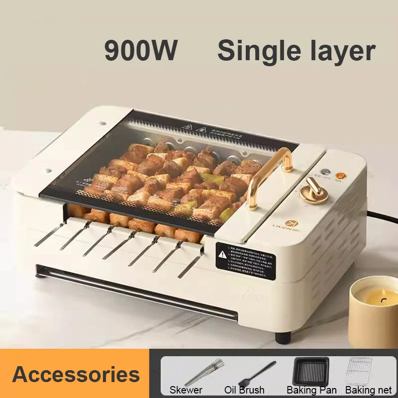 2 layers Electric Skewer Barbecue grill Automatic rotating Lamb Kebabs grill Indoor Smokeless BBQ machine Non-stick frying pan