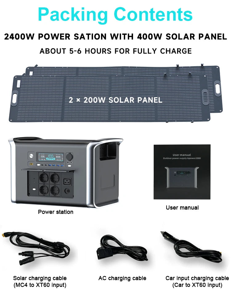 2000W/2048Wh Portable Power Station 640000mAh 220V LifePo4 Batterie Generator+200W Solar Panel Powerstation Emergency Backup
