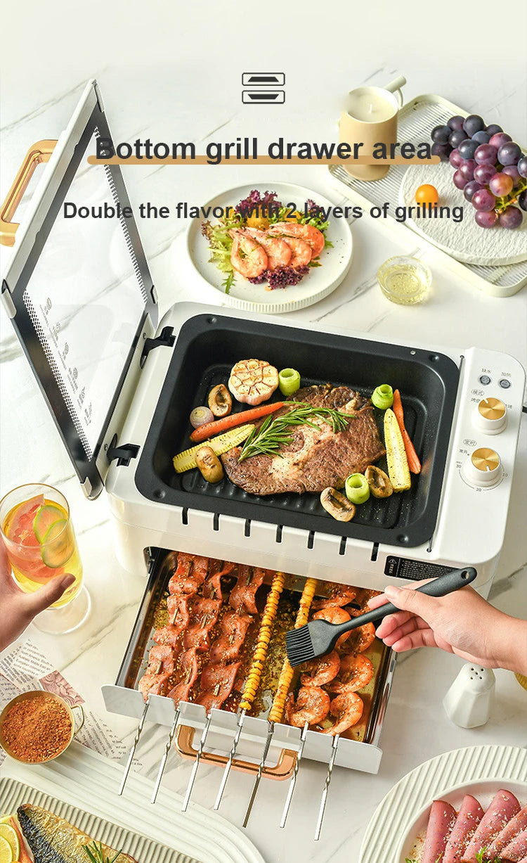 2 layers Electric Skewer Barbecue grill Automatic rotating Lamb Kebabs grill Indoor Smokeless BBQ machine Non-stick frying pan