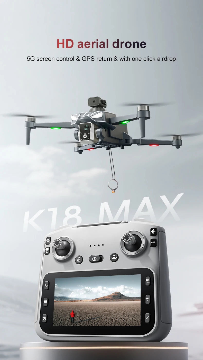 K18 Max 4,5 pollici grande schermo Drone 360° Laser per evitare ostacoli Posizionamento GPS Flusso ottico Dispositivo di lancio aereo RC Drone Giocattolo