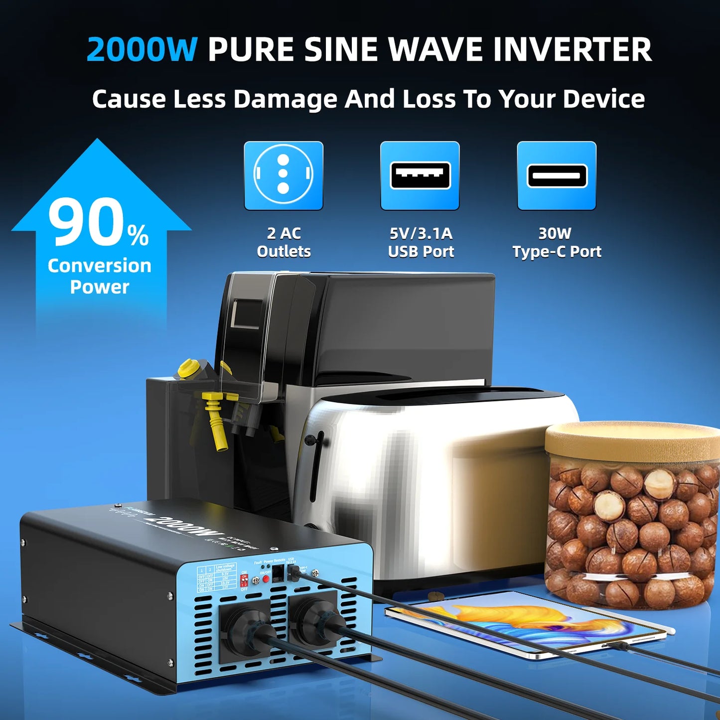 Convertitore voltmetro per auto LCD con presa UE da 2000 W, potenza continua, onda sinusoidale pura, potenza di picco, 4000 W CC 12 V a CA 230 V 50 Hz