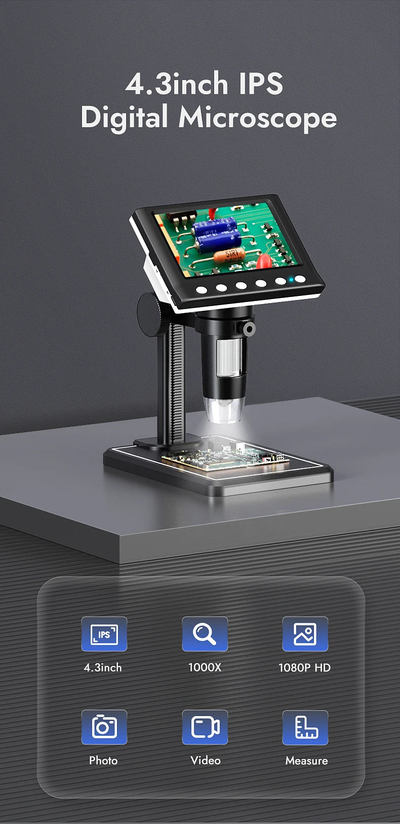 RIEVBCAU DM7 4.3' Microscopio digitale 1000X Coin Microscope 1080P Video Microscope per la saldatura degli adulti con 8 LED Dropshipping
