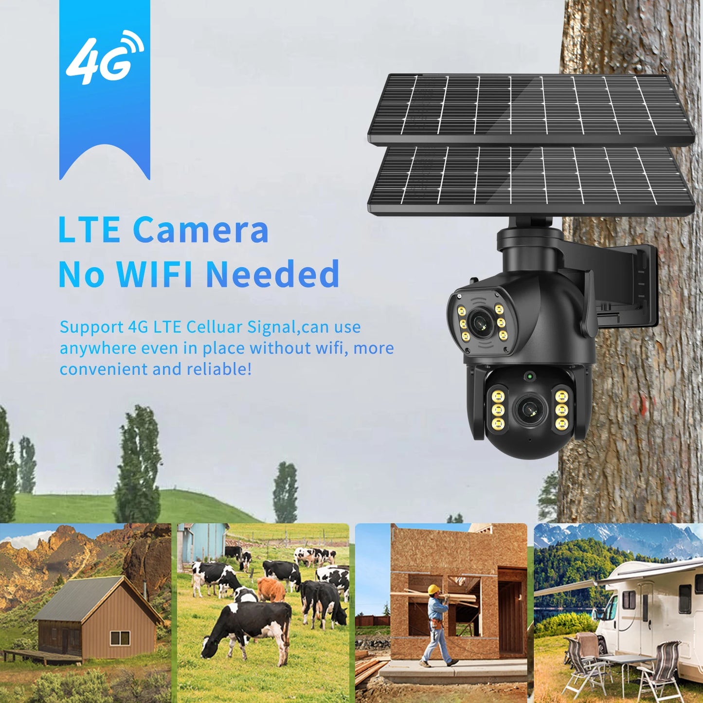 CON PANNELLO SOLARE-8MP 4K PTZ Fotocamera solare all'aperto 4G Scheda SIM Doppia lente Fotocamera a doppio schermo PIR Rilevamento del corpo umano Built-in sicurezza della durata della batteria
