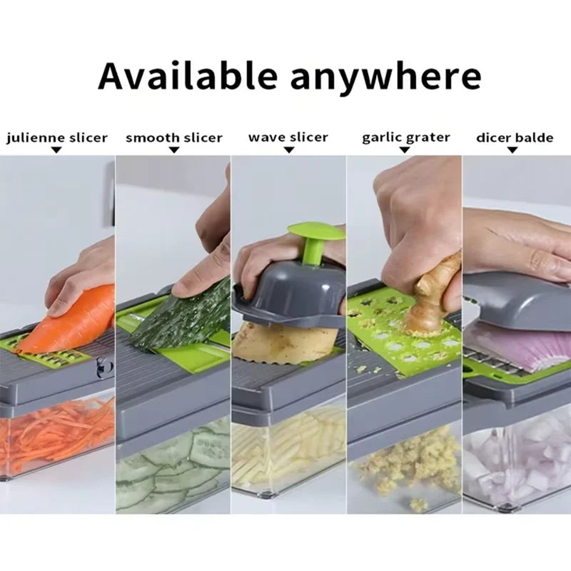 Tritaverdure multifunzionale 14 in 1, tritacipolle, manico, griglia per alimenti, tritatutto, affettaverdure da cucina, taglio a cubetti