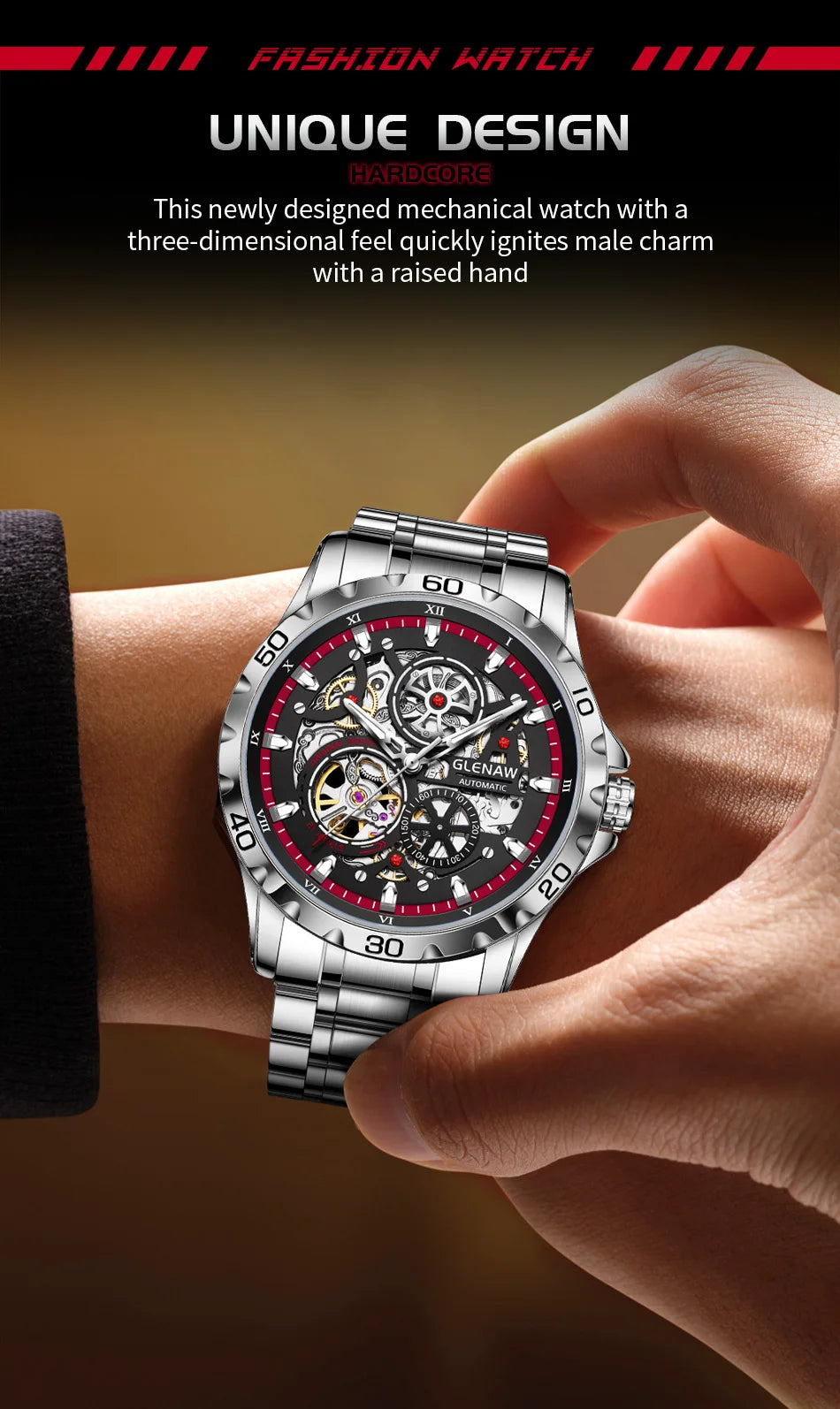 GLENAW Steampunk Skeleton Men’s Watch Ring di lusso automatico meccanico Luminous impermeabile in acciaio inossidabile cinturino orologio