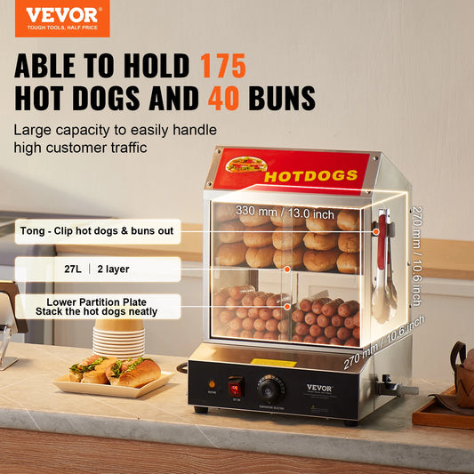 SucceBuy 27/37L 2Tiers Hot Dog Steamer con il controllo della temperatura dell'acciaio inossidabile elettrico panino scaldabagno per hot dog e bar per il cinema