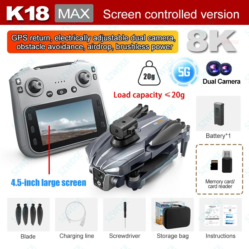 K18 Max 4,5 pollici grande schermo Drone 360° Laser per evitare ostacoli Posizionamento GPS Flusso ottico Dispositivo di lancio aereo RC Drone Giocattolo