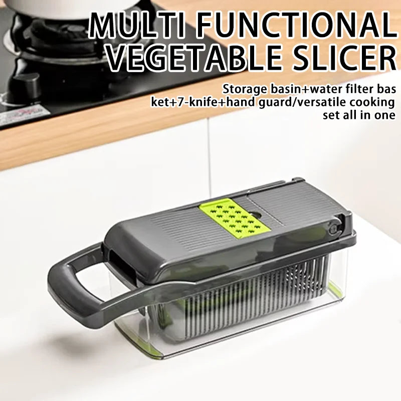 Tritaverdure multifunzionale 14 in 1, tritacipolle, manico, griglia per alimenti, tritatutto, affettaverdure da cucina, taglio a cubetti