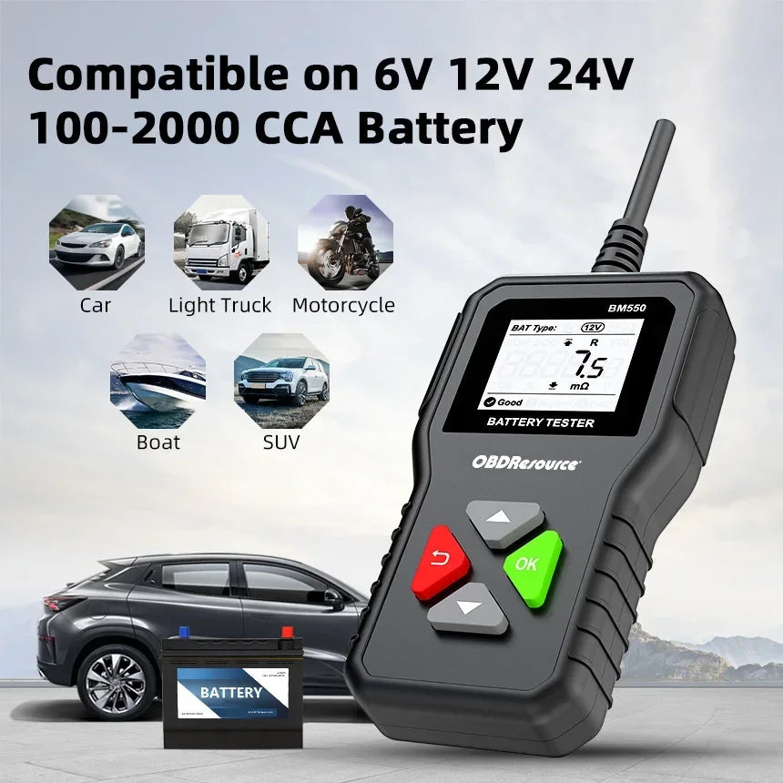 Tester per batterie 24V 6V 12V BM550 100-2000 Analizzatore di test CCA Strumento diagnostico Rilevatore Accessori per auto Moto Rimorchio per camion