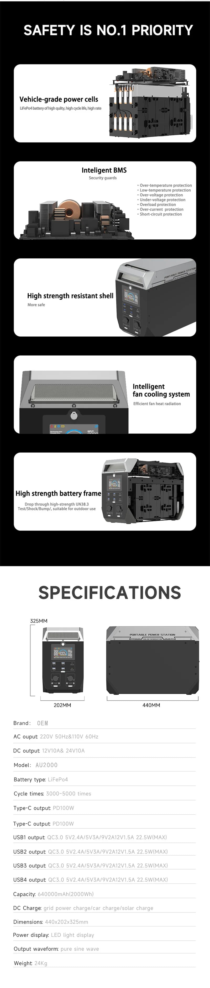 2000W/2048Wh Portable Power Station 640000mAh 220V LifePo4 Batterie Generator+200W Solar Panel Powerstation Emergency Backup