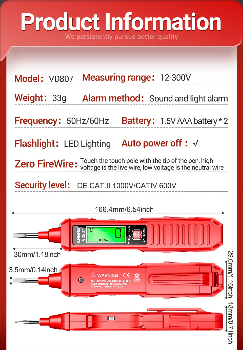 ANENG VD807 Una parola di induzione portatile 50/ 60Hz Smart Tester penna elettrica NCV sensore AC 12-300V senza contatto filo rivelatore strumenti