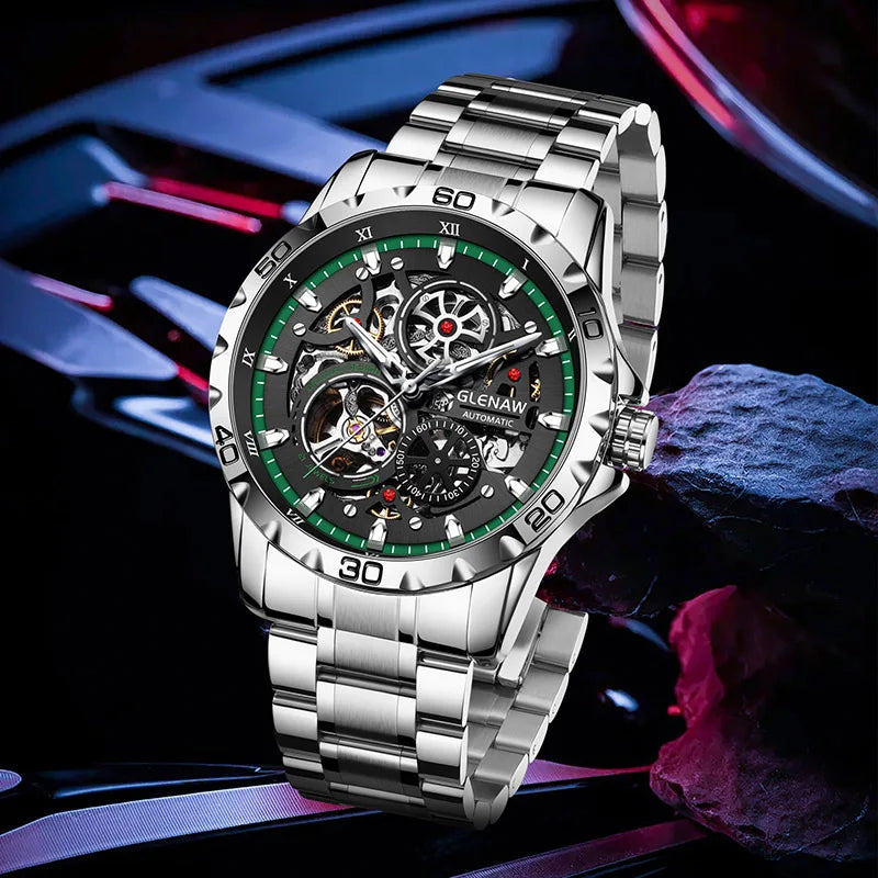 GLENAW Steampunk Skeleton Men’s Watch Ring di lusso automatico meccanico Luminous impermeabile in acciaio inossidabile cinturino orologio
