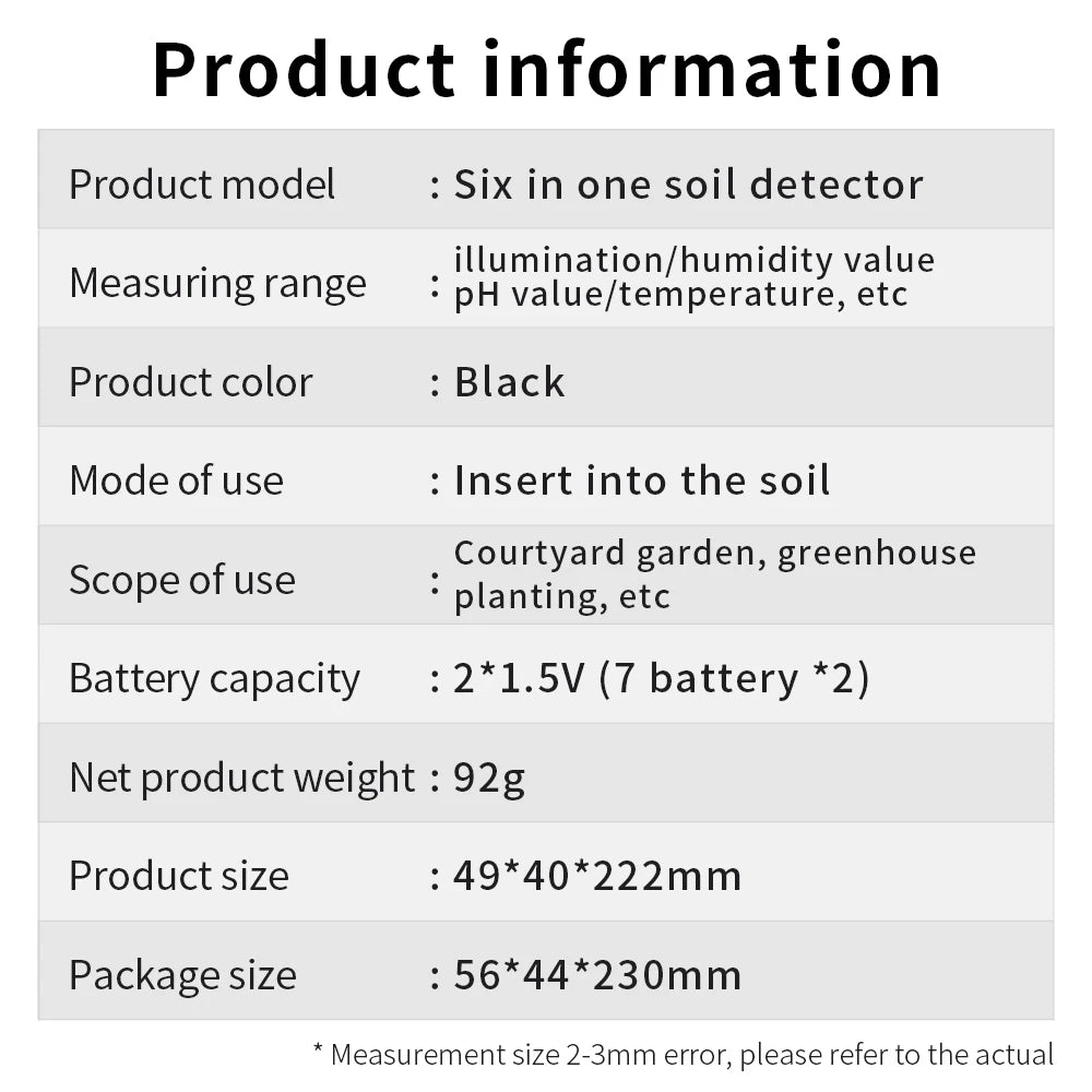 6 in 1 Soil Detector Soil Tester pH Temperature Humidity Sunlight Air Moisture Nutrient Fertility Meter Gardening Tool