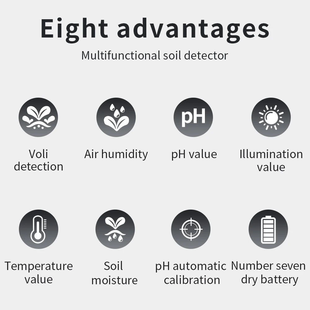 6 in 1 Soil Detector Soil Tester pH Temperature Humidity Sunlight Air Moisture Nutrient Fertility Meter Gardening Tool