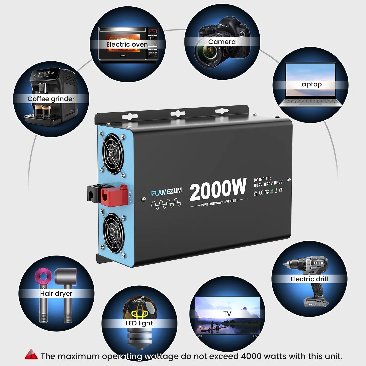 Convertitore voltmetro per auto LCD con presa UE da 2000 W, potenza continua, onda sinusoidale pura, potenza di picco, 4000 W CC 12 V a CA 230 V 50 Hz