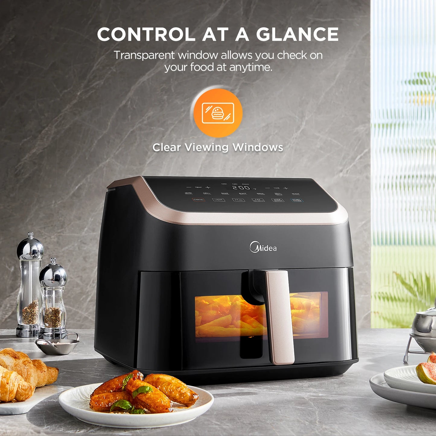 Midea XXL Air Fryer 9 L, 8-in-1, camere extra larghe, max 200 °C, friggitrice senza olio, grigliare, cuocere al forno, arrostire, MAD85F9BPK