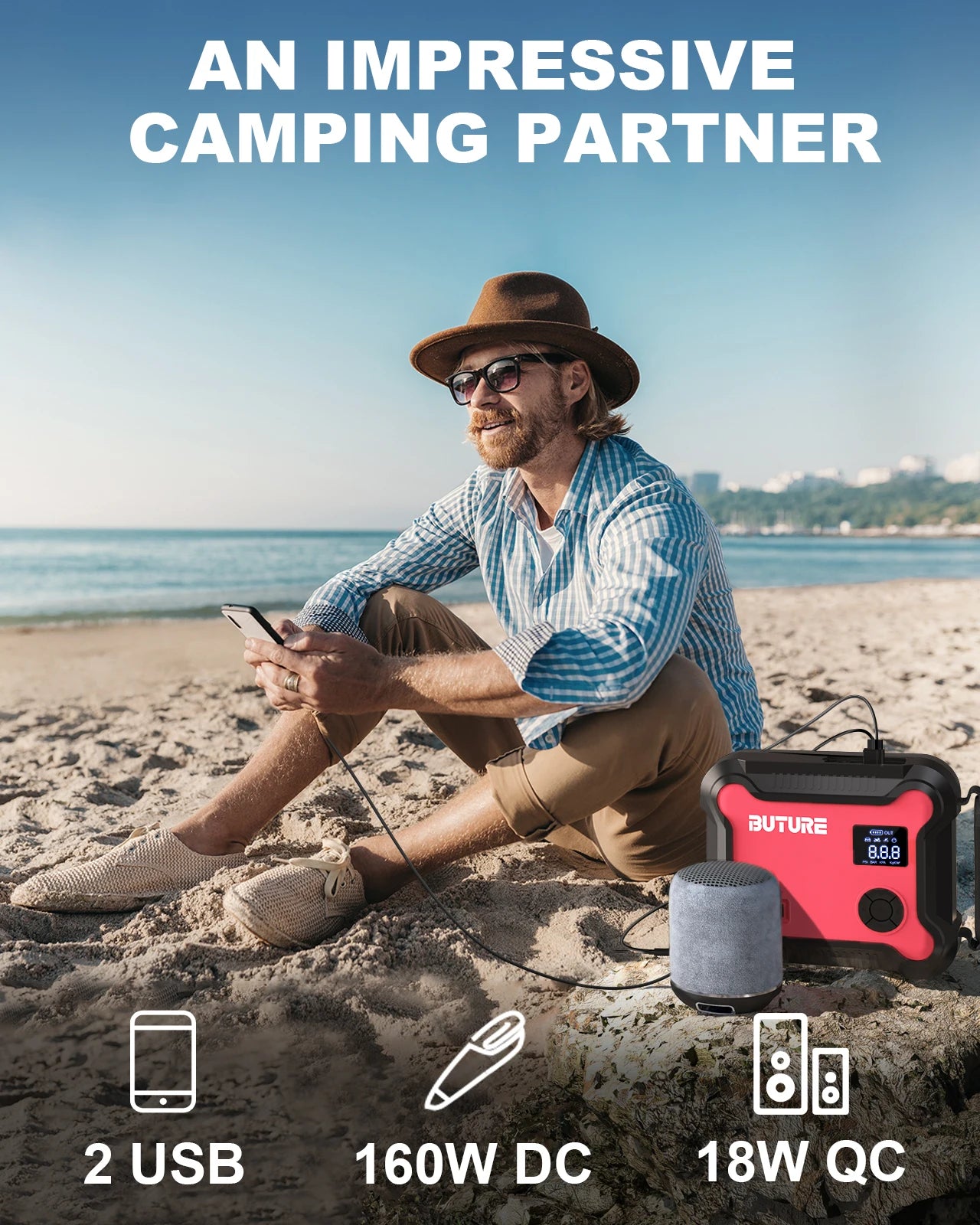Compressore d'aria Buture 5 in 1 per auto con avviamento di emergenza, power bank da 26800 mAh, batteria portatile, gonfiatore digitale per pneumatici con uscita CC da 160 W