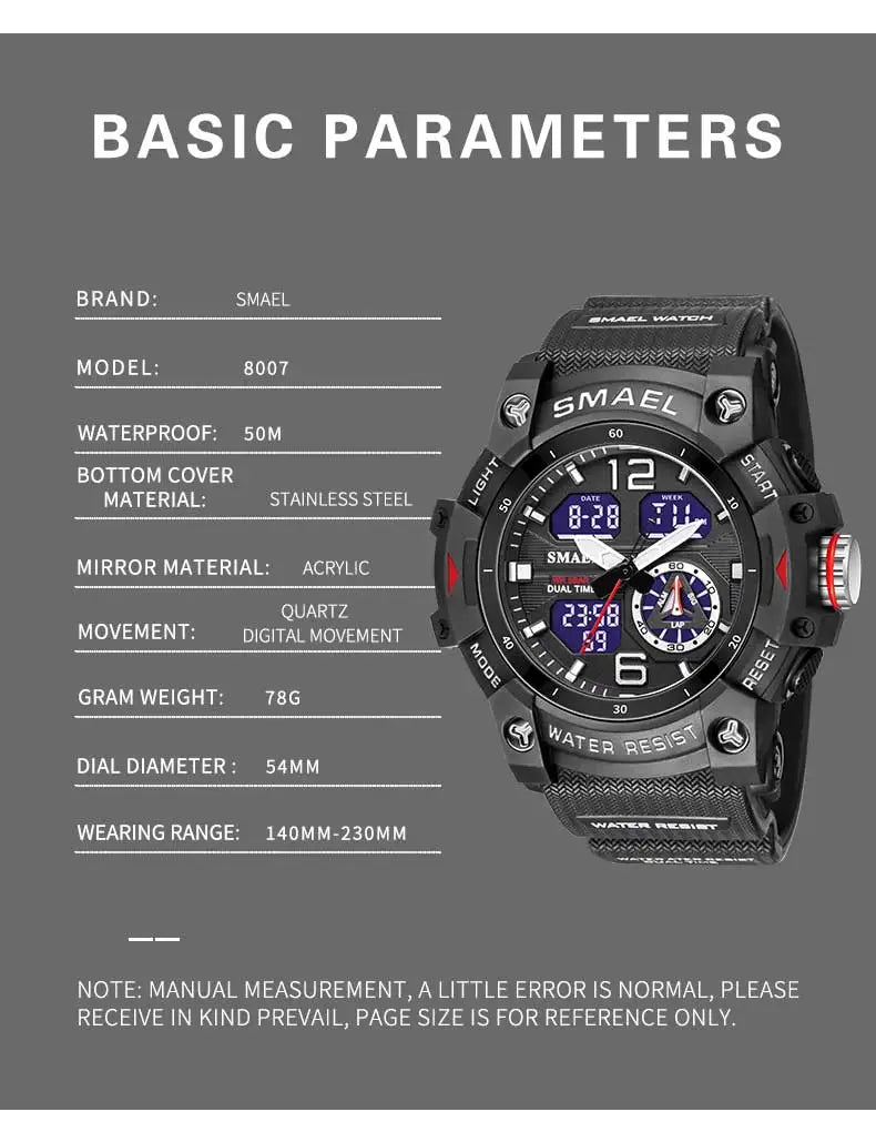 SMAEL Sport Watch Orologio da polso militare per gli uomini Allarme cronometro LED digitale luce posteriore Dual Time Display impermeabile Watch Men 8007