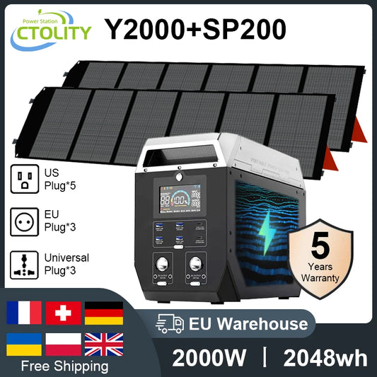2000W/2048Wh Portable Power Station 640000mAh 220V LifePo4 Batteries Generator+200W Solar Panel Powerstation Emergency Backup