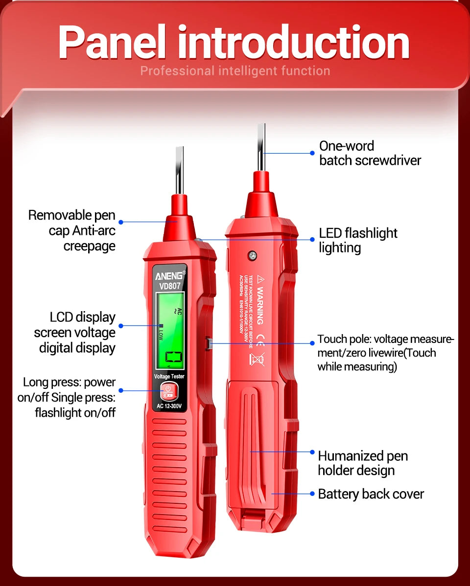 ANENG VD807 Una parola di induzione portatile 50/ 60Hz Smart Tester penna elettrica NCV sensore AC 12-300V senza contatto filo rivelatore strumenti