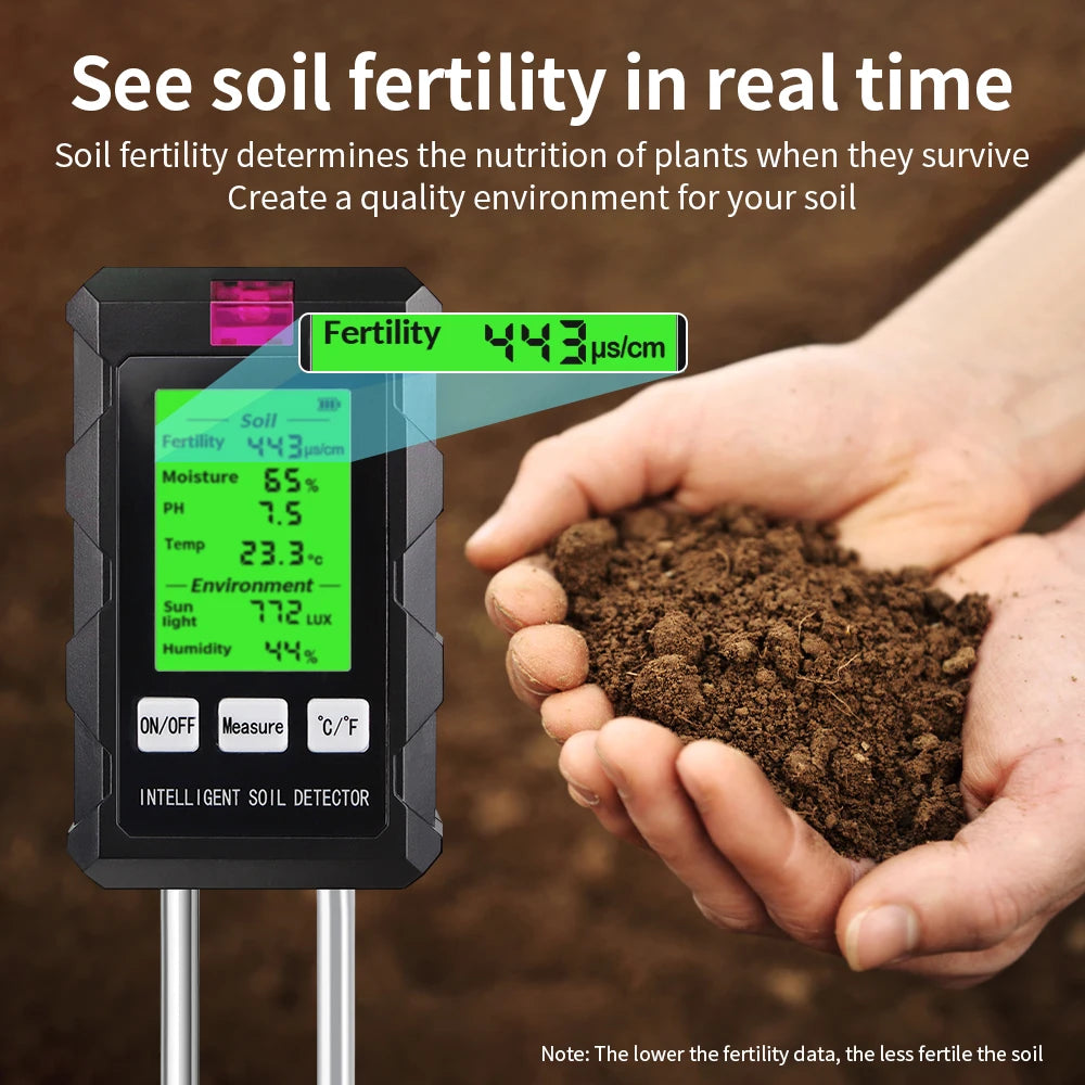 6 in 1 Soil Detector Soil Tester pH Temperature Humidity Sunlight Air Moisture Nutrient Fertility Meter Gardening Tool